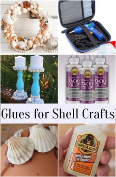 several different items that include shells, glues and other things to use for crafts