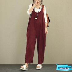 Selling Points1.Pants Type:Overalls2.Fabric:Cotton And Linen3.Design:Pocket4.Waistline:Mid WaistSpecificationsGenderWomensPants TypeJumpsuit,Overalls,Pants Trousers,RompersStyleStreetwear,FashionOccasionWeekend,CasualFabricCotton And LinenDesignPocketDetailsWithout LiningWaistlineMid WaistElasticityInelasticPatternPlainSeasonSpring Fall,SummerPants LengthAnkle-LengthFunctionComfortFit TypeRegular FitSpecial SizeNormalSize ChartINCHCMSizeFit US SizeFit UK SizeFit EU SizeWaistLengthHipsS2-46-83... Sweat Vintage, Overalls Casual, Styles Hairstyles, Jumpsuit Casual, Loose Jumpsuit, Suspender Pants, Plus Size Romper, Linen Romper, Cotton Jumpsuit