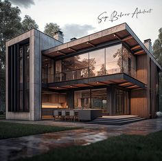 an artist's rendering of a modern house in the middle of some trees and grass