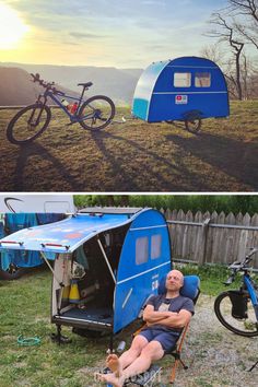 two pictures one with a bike and the other with a trailer