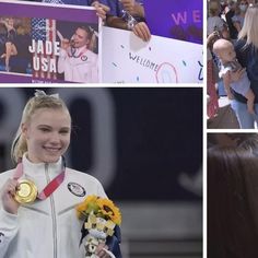 two pictures with people holding up medals and one has a woman's hand on her hip