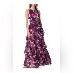 New With Tags Tahari Asl Sleeveless Ruched Keyhole Neck Floral Print Self Tie Waist Tiered Gown Purple Sleeveless Maxi Dress For Garden Party, Sleeveless Purple Maxi Dress For Garden Party, Tiered Gown, Purple Floral Dress, Keyhole Neck, Printed Maxi, Printed Maxi Dress, Purple Floral, Floral Dress