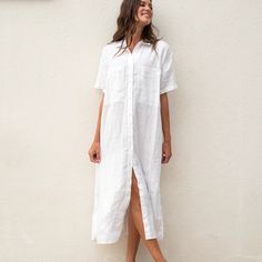 Getaway Shirt Dress - White Linen Cover-up – Left On Friday Spring Cotton Dress With Set-in Sleeves, Spring Long Shirt Dress With Pockets, Long Shirt Dress With Pockets For Spring, Chic Long Cotton Shirt Dress, Spring Relaxed Fit Shirt Dress For Loungewear, Chic Short Sleeve Loungewear Dress, Spring Collared Loungewear Dress, Summer Long Relaxed Fit Shirt Dress, Long Casual Summer Duster