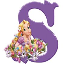 the letter s is decorated with a princess's face and flowers in purple colors