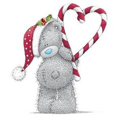 a teddy bear wearing a santa hat and holding a candy cane in its mouth with the shape of a heart