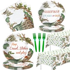 the dinosaur themed tableware is ready to be served at any party or celebration, including plates, napkins and forks