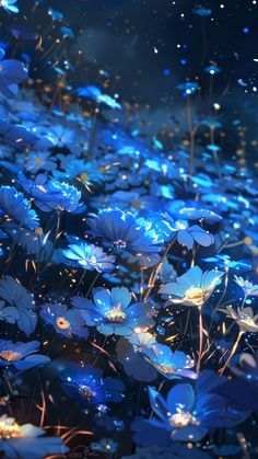 many blue flowers are floating in the air