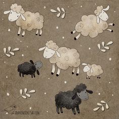 an image of sheep in the snow on a brown background with white dots and leaves