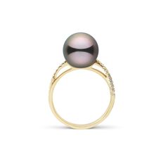 The gracefully curved solid gold and diamond band elegantly supports the lustrous 10.0-11.0 mm Tahitian pearl. For decades our buying team has been making regular trips to French Polynesia to source these incredibly colorful pearls. Because we personally import every Tahitian pearl we offer, we can guarantee they are 100% natural color and have never been treated in any way. Elegant Tahitian Pearl Ring With Diamond Accents, Luxury Tahitian Pearl Ring For Formal Occasions, Luxury Yellow Gold Tahitian Pearl Ring, Luxury Tahitian Pearl Ring In Yellow Gold, Formal Yellow Gold Tahitian Pearl Ring, Elegant Yellow Gold Tahitian Pearl Rings, Pearl And Diamond Ring, Pearl Types, Tahitian Pearls