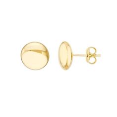 14K Yellow Gold 11mm Flat Bead Stud Earrings - Women (Female). Stud earrings exude a classy and sophisticated presence, yet are so simple and timeless. Desirable and versatile these earrings can worn with any outfit, from a casual day at the office to a formal black-tie event. Their 14 karat gold brilliance will leave onlookers in awe. Our stud earrings are made with the buyer in mind. Fitted with a post and butterfly backing for a secure fit. No Stone. Size: one size.  Age Group: adult. Classic Earrings With Polished Finish, Elegant Domed Yellow Gold Jewelry, Elegant Yellow Gold Domed Jewelry, Classic Formal Earrings With Round Beads, Classic Gold Earrings With Round Beads, 14k Yellow Gold Round Bead Earrings, 14k Yellow Gold Earrings With Round Beads, Bead Stud Earrings, Black Tie Event