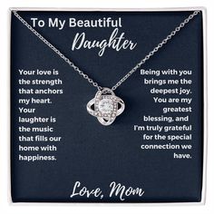 Looking for the perfect gift to express your love and appreciation to your  To My Daughter Necklace, Daughter Gift From Mom, Necklace For Daughter. Look no further than this amazing necklace from Treasure Love Notes.  Imagine her reaction receiving this beautiful Love Knot Necklace. Representing an unbreakable bond between two souls, this piece features a beautiful pendant embellished with premium cubic zirconia crystals. Surprise your loved one with this gorgeous gift today! 14k white gold over stainless steel or 18k yellow gold over stainless steel 6mm round cut cubic zirconia stone Pendant dimensions: 0.6" (15.7mm) height / 0.23" (6mm) width Adjustable chain length: 18" - 22" (45.72cm - 55.88cm) Lobster clasp attachment Your piece is lovingly packaged in a complimentary soft touch box f Birthday Daughter, Love Knot Necklace, My Beautiful Daughter, Daughter Necklace, Mom Necklace, Love Knot, Mom Daughter, Luxury Boxes, Knot Necklace