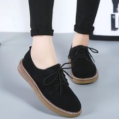 Leather Casual Women's Shoes Soft and Comfortable Flat Shoes – Dresslittly Trendy Leather Lace-up Closed Toe Shoes, Casual Flat Lace-up Shoes With Leather Footbed, Trendy Leather Lace-up Shoes With Round Toe, Leather Low-top Flats, Trendy Lace-up Shoes With Rubber Sole For Fall, Casual Oxfords With Textured Sole And Flat Heel, Trendy Fall Lace-up Shoes With Rubber Sole, Casual Lace-up Shoes With Leather Footbed, Casual Black Flat Oxfords