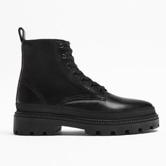 Nwt. Zara Man Black Leather Boots With Insulation And Lacing With Seven Pairs Of Eyelets, Loop At The Back For Ease Of Putting On Shoes, Round Toe, Welt And Matching Piping On The Vamp, Volume Corrugated Sole. Size 11. Ref. 2070/020. Sh 17 Edgy Round Toe Lace-up Boots For Workwear, Edgy Round Toe Lace-up Boots For Work, Edgy Lace-up Round Toe Work Boots, Edgy Lace-up Boots With Round Toe For Work, Zara Leather Boots For Workwear, Edgy Leather Combat Boots For Work, Leather Platform Combat Boots For Work, Leather Combat Boots With Platform For Work, Leather Boots With Padded Ankle For Work