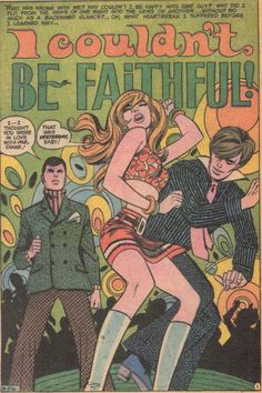 an old comic book cover with a woman dancing in front of two men and one man