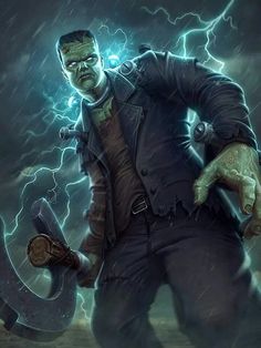 a man holding a hammer in his right hand and lightning behind him on a dark background