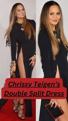 two pictures of a woman in black dress and high heels, with the caption's double split dress