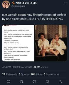 two men in robes sitting on a couch with the caption that reads, can we talk about how first prince could perfect by one direction like this their song?