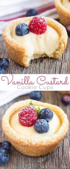 two pictures of vanilla custard cookie cups with raspberries and blueberries on top