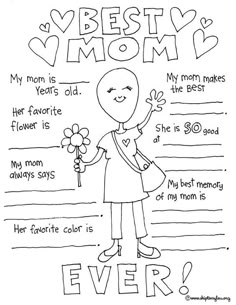 a mother's day coloring page with the words, best mom and her flowers