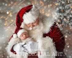 santa claus holding a sleeping baby in his arms and looking at the camera with christmas lights behind him