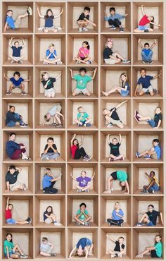 an instagram image of people doing different poses in a wooden box, with the caption