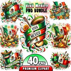 various mexican symbols and designs with the words viva mexico in spanish on them, including an image