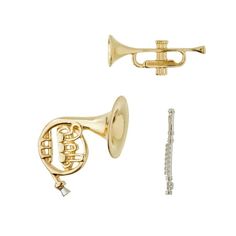 two brass musical instruments, one with a horn and the other with an earring