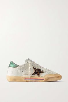 GOLDEN GOOSE Superstar Penstar distressed leather, leopard-print-trimmed rubber sneakers | NET-A-PORTER Rubber Sneakers, Golden Goose Superstar, Leopard Print Sneakers, Goose Sneakers, Green Heels, Golden Goose Sneakers, Golden Goose Shoes, Golden Goose Deluxe Brand, Print Sneakers