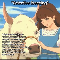 a woman standing next to a cow with the caption'selective breeding '