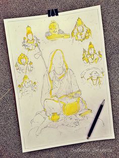 a drawing of a woman sitting on the ground with other people around her and holding a cup