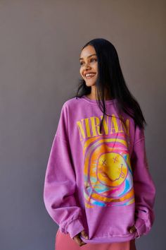 Urban Outfitters Pink Nirvana Sweatshirt, Nirvana Sweatshirt Outfit, Pink Nirvana Sweatshirt, Nirvana Clothes, Nirvana Sweater, Nirvana Smile, Nirvana Hoodie, Nirvana Sweatshirt, Smiley Graphic