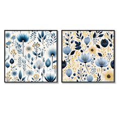 two paintings with blue flowers and leaves on them, one in yellow and the other in white