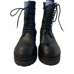 Never Worn. Excellent Condition. Elegant Black Boots With Vibram Sole, Formal Leather Platform Lace-up Boots, Formal Leather Lace-up Platform Boots, Black Combat Boots With Lug Sole For Formal Occasions, Black Formal Lace-up Boots With Lug Sole, Black Calf Leather Lace-up Boots For Fall, Black Leather Combat Boots, Leather Combat Boots, Ann Demeulemeester