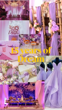 purple and gold wedding theme with flowers on the chair, table cloths and cake