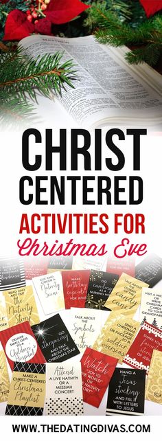 a christmas tree with the words christ centered activities for christmas eve on it and an open book