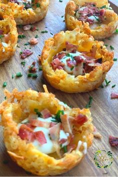 small appetizers with bacon and cheese on a wooden table