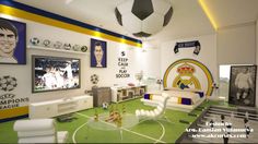 a soccer themed living room is shown in this image