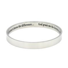 Carry the comforting words of the Christian Serenity Prayer with you wherever you go with this beautiful Steel cuff bracelet. Expertly engraved with the reassuring prayer, this 8mm wide bracelet serves as an inspirational reminder that God is always watching over you. The high-quality craftsmanship ensures you can wear this meaningful piece of jewelry for years to come. This Serenity Prayer bangle bracelet also makes a thoughtful sympathy or encouragement gift for any Christian woman going through a challenging time. Whether facing illness, loss, or other struggles, the scripture engraved on this bracelet offers a tangible reminder of God's love and presence. Joyful Sentiments was founded by a family of experienced jewelers with a mission to create meaningful jewelry that commemorates all Everyday Spiritual Engraved Bracelets, Sterling Silver Spiritual Bracelet For Meditation, Spiritual Metal Bracelets With Engraving, Spiritual Etched Bracelets For Gift, Nickel-free Sterling Silver Spiritual Bracelet Gift, Family Engagement, Serenity Prayer, Stainless Steel Bangles, Encouragement Gifts