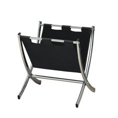 a black and silver metal magazine rack with two pockets on each side, sitting upright