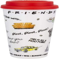 a ceramic cup with the words friends written on it and images of cars, couches, and more