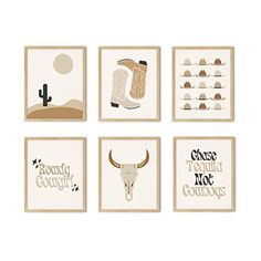 six framed art prints with animals, cactuses and other things in them on the wall