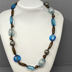 Beaded Necklace Blue Glass Fused Foil Acrylic Crackle Faceted Wood Metal 21" Casual Blue Beaded Necklaces With Large Beads, Casual Blue Beaded Necklace With Large Beads, Vintage Blue Glass Beaded Necklaces, Vintage Glass Jewelry For Beach, Vintage Adjustable Blue Necklace, Vintage Glass Jewelry For The Beach, Blue Costume Jewelry Necklaces With Lobster Clasp, Casual Blue Necklace With Large Beads, Adjustable Blue Costume Jewelry Necklace