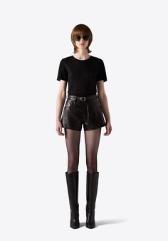 High waist five pocket leather shorts. Metallic Shorts, Leather Shorts, Black Metallic, High Waist, High Waisted, Crew Neck, Leather, T Shirt, Clothes