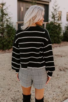 - Cool, crisp days call for cozy style with this trendy sweater! - Unlined knit material with an ivory stripe pattern - A collared v-cut neckline - Long, loose sleeves with ribbed cuffs - A relaxed silhouette that ends in a subtly cropped hemline Measurements S : Bust 42", Hip 43", Length 19", Sleeve Length 18", Waist 42". M : Bust 46", Hip 47", Length 19", Sleeve Length 18", Waist 46". L : Bust 48", Hip 49", Length 19.5", Sleeve Length 19", Waist 48". Trendy Sweater, Trendy Sweaters, Cozy Style, Loose Sleeves, V Cut, V Cuts, Cozy Fashion, Knitting Materials, Stripes Pattern