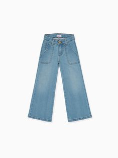 La Coqueta's Enola Girl Wide Leg Jeans work perfectly for your little girl's weekend rotation, a staple silhouette that ensures plenty of wear whatever the weather. Easy to wear, style, and adore, our charming high-rise jeans have a wide leg shape, patch pockets, belt loops and a handy zip-fly and button to fasten. Crafted from washed light blue cotton with a touch of elastane for extra stretch, they have a flattering silhouette ideal for dressing up or down depending on the occasion. Complete t Girl Jeans, T Bar Shoes, Toddler Tops, Girls Weekend, Toddler Learning, Weekend Wear, Baby & Toddler Clothing, High Rise Jeans, Girls Jeans