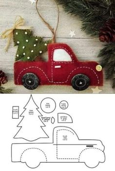 a red truck with a christmas tree on the back is next to a pine tree