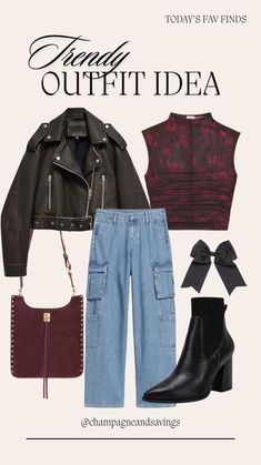 Need a winter date night outfit? Love this leather jacket outfit idea for a comfy but elevated look for a cold going out outfit at night! Pairing the laidback cargo jeans with the mesh top and black booties and throwing in the pops of burgundy help keep it elegant and on trend. Love the hair bow to keep it feminine along with the edgier pieces! Follow for more women’s fashion and outfit ideas. Bar Going Out Night Out Outfit, Casual Winter Going Out Outfit, Unique Going Out Outfits, Saturday Night Outfit Bar, Winter Date Night Outfit Cold, Cold Going Out Outfits Night, Winter Bar Outfit, Leopard Jeans Outfit, Saturday Night Outfit