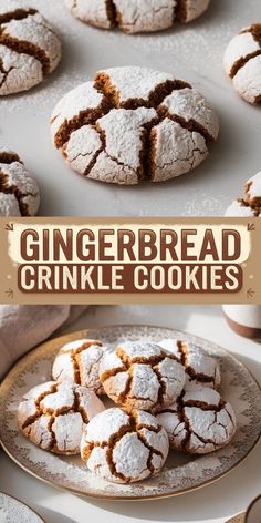 gingerbread crinkle cookies on a white plate with the title in brown text