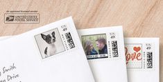 two envelopes with pictures of people and a dog on them