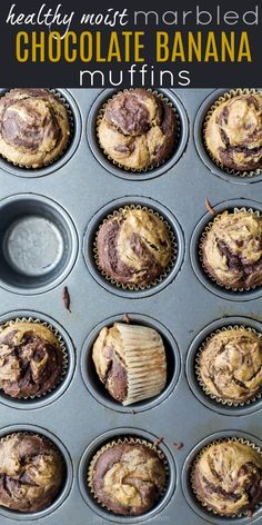 chocolate banana muffins in a muffin tin with text overlay that reads healthy most marbled chocolate banana muffins